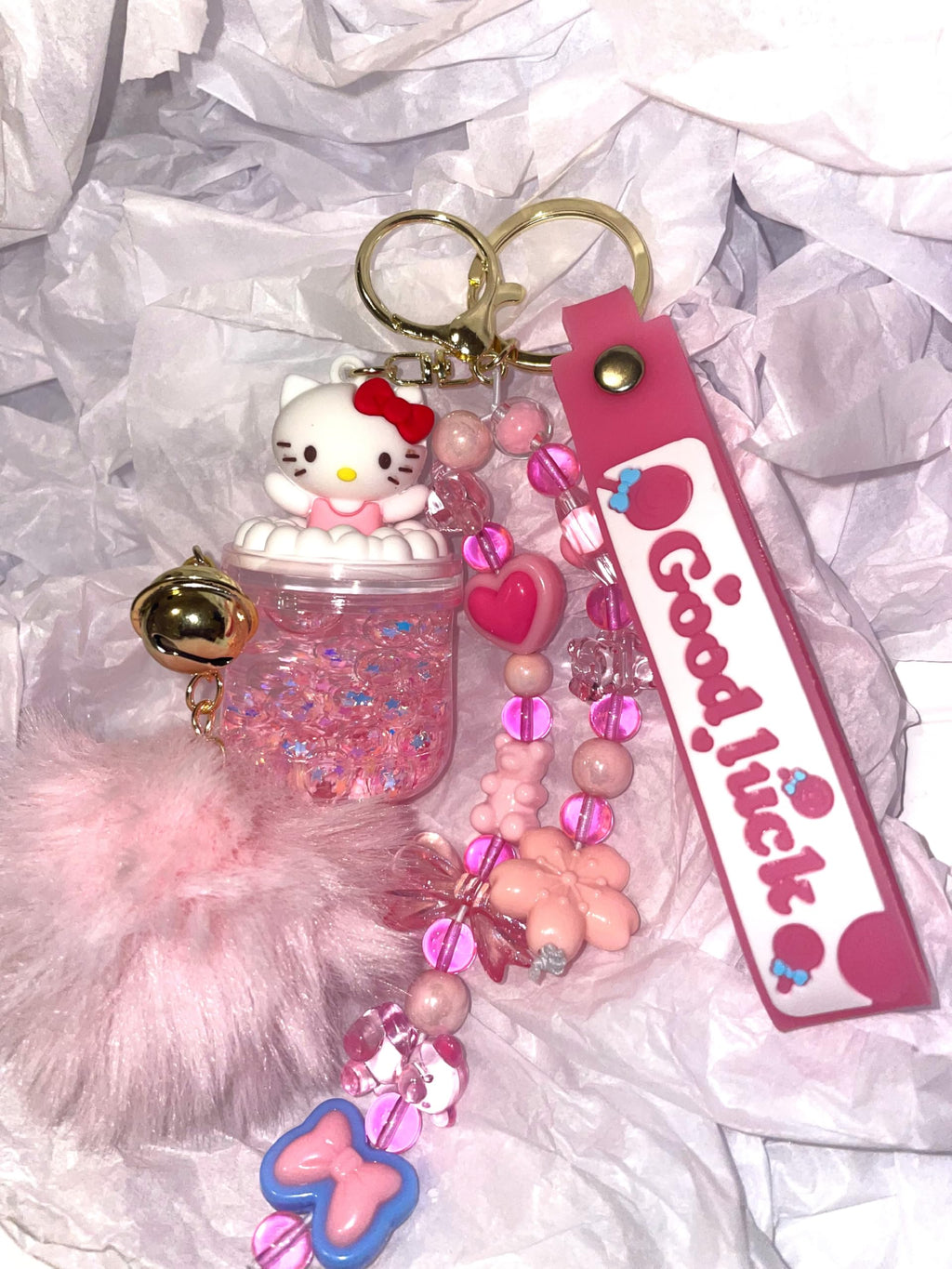 Hello Kitty Pink Fluffy Keychain with Bell Charm.